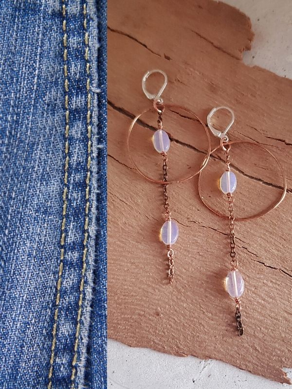 denim and  copper hoop chain earrings